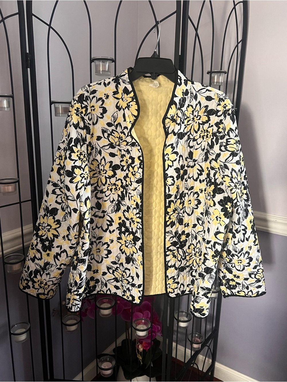 Alfred Dunner Yellow, Black & White Floral Quilted Jacket